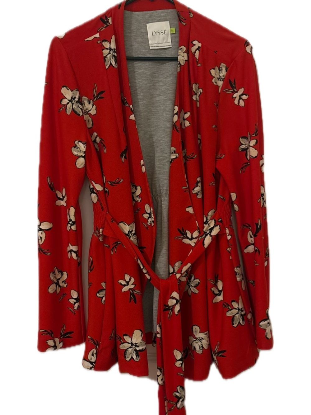 Lysse Red Floral Wrap Cardigan Size M Fringe Tie